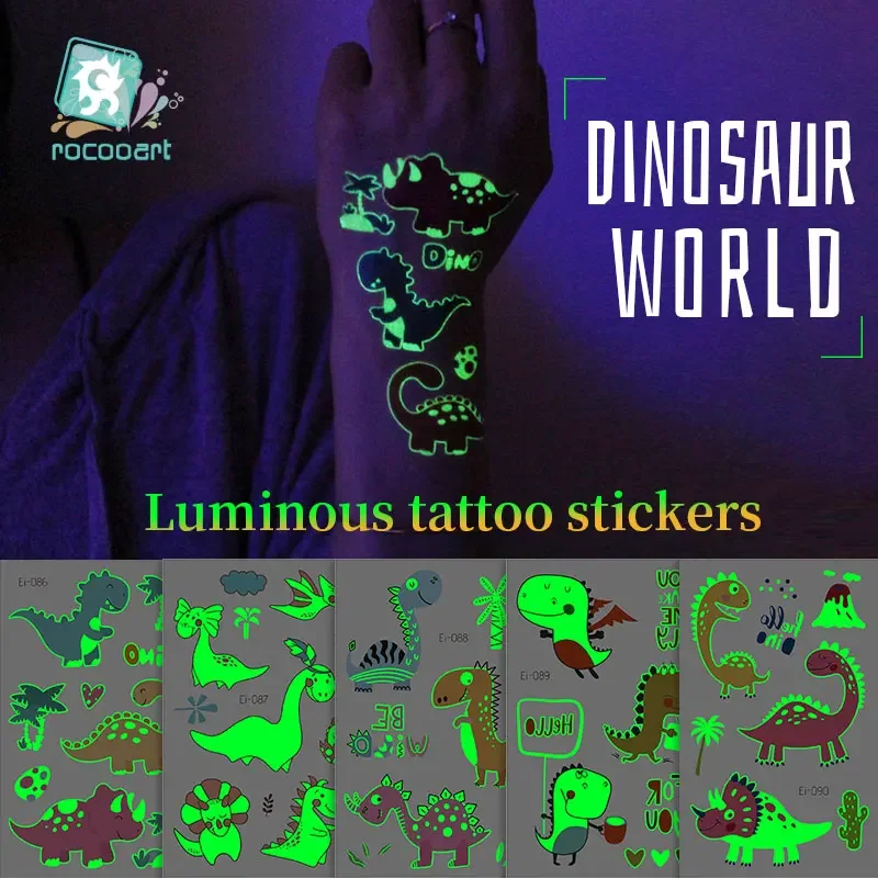 

Rocooart Dinosaur Tattoo Stickers For Children Fake Tattoo Glowing In Dark Tatoos Kids Waterproof Taty Luminous Body Art Tatoo
