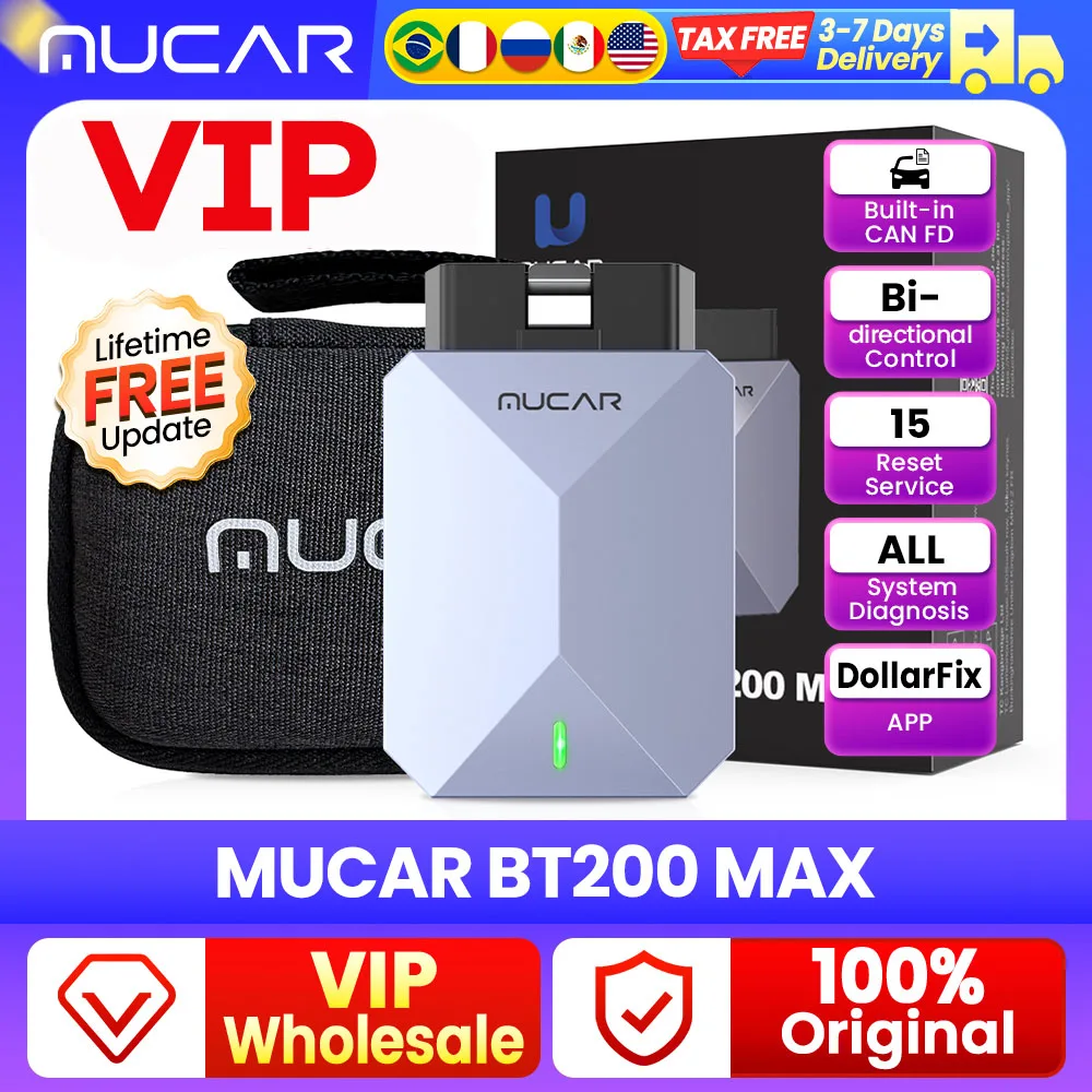 10-100 PCS MUCAR BT200 MAX Herramienta Automotriz ELM327 OBD2 Escáner Bluetooth CANFD Bidireccional 15 Funciones de Reinicio Sistema Completo Gratis