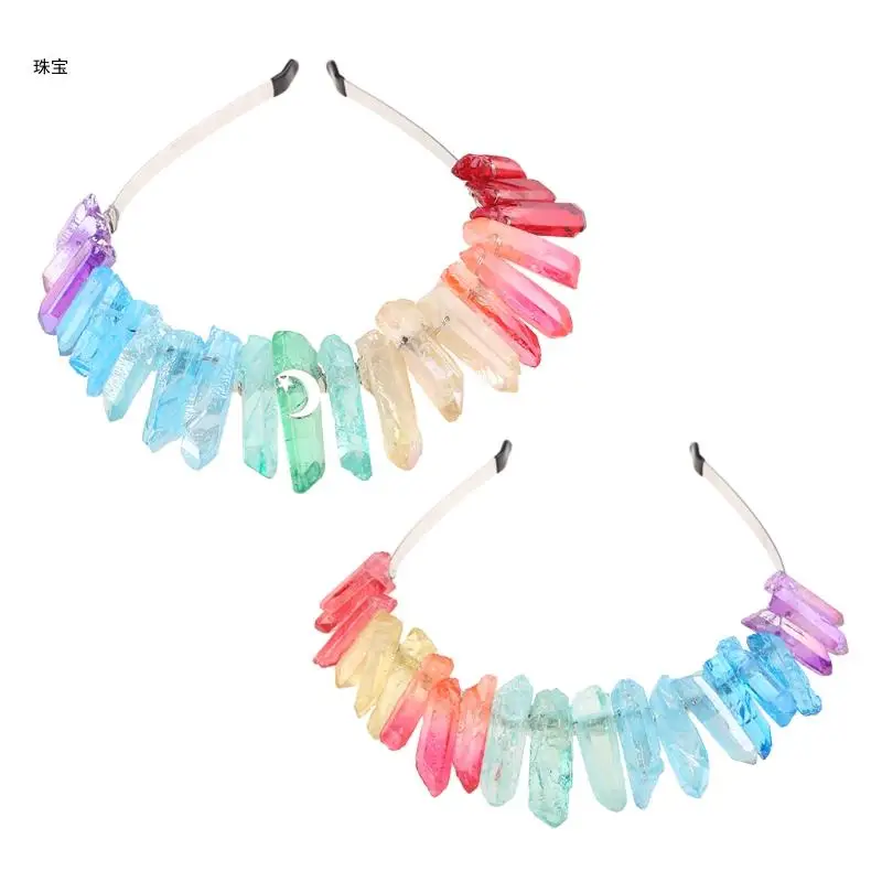 X5QE for Raw Crystal Headband Handmade Rainbow Colorful Stone Jewelry Hair Hoop Ethnic Bohemian Wedding Party