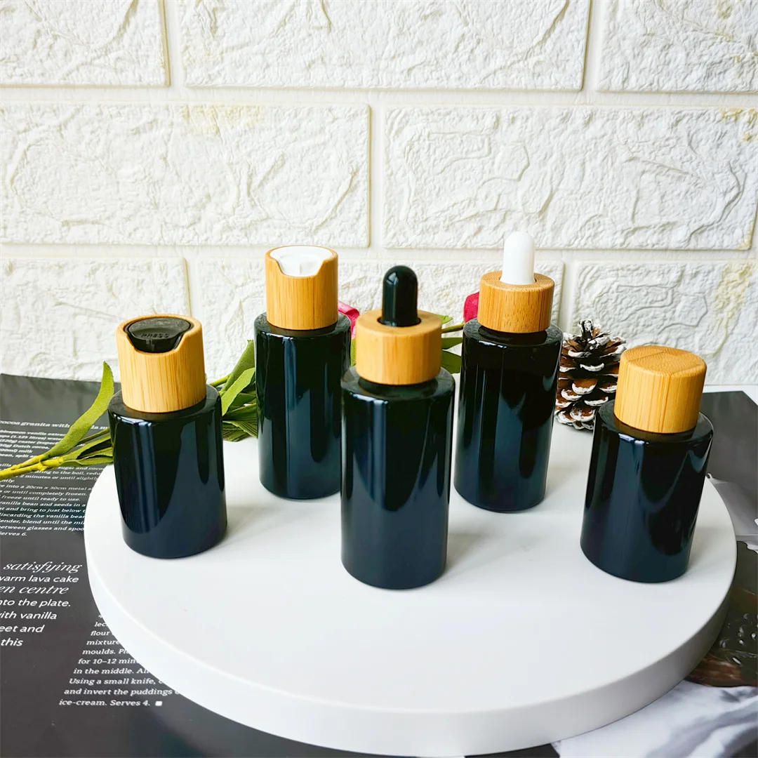 

20MM 410 Black Flat Shoulder Spray Glass Bottles Empty 30ml 40ml Cosmetic Glass Packaging Cream Spray Pot with Bamboo Top Cover