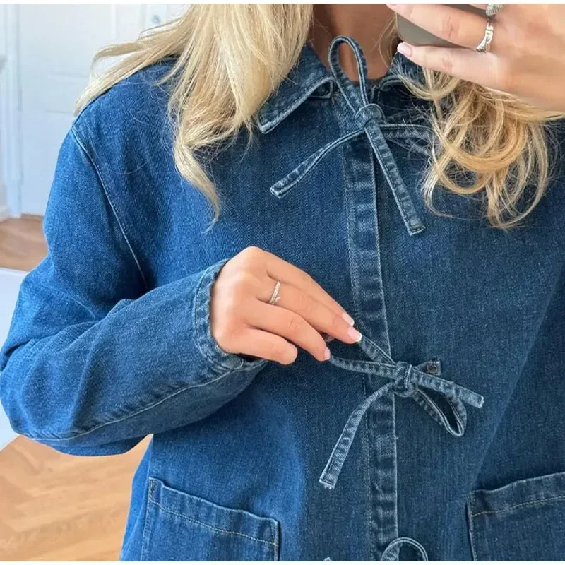 Chic Denim Lace Up Women‘s Shirt Fashion Loose Turn-down Collar Long Sleeve Female Shirts 2024 Sping Pocket Office Lady Top