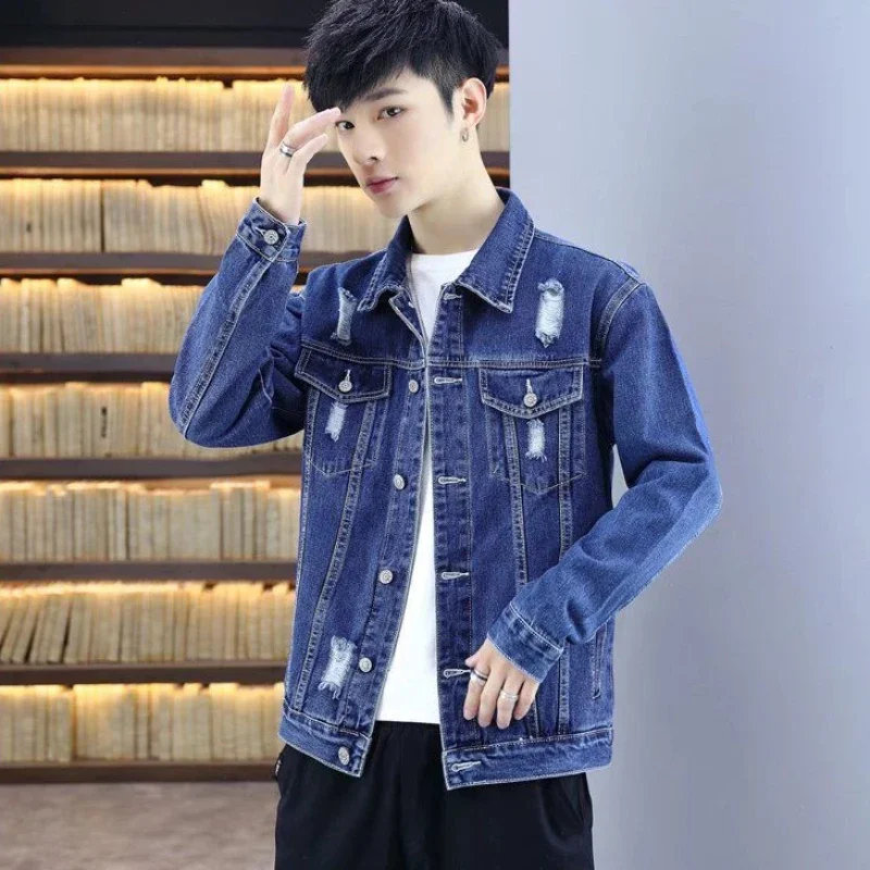 

Male Jean Coats with Hole Wide Sleeves Men's Denim Jacket Light Ripped Autumn Washed G Designer Casual Menswear Loose Cowgirl