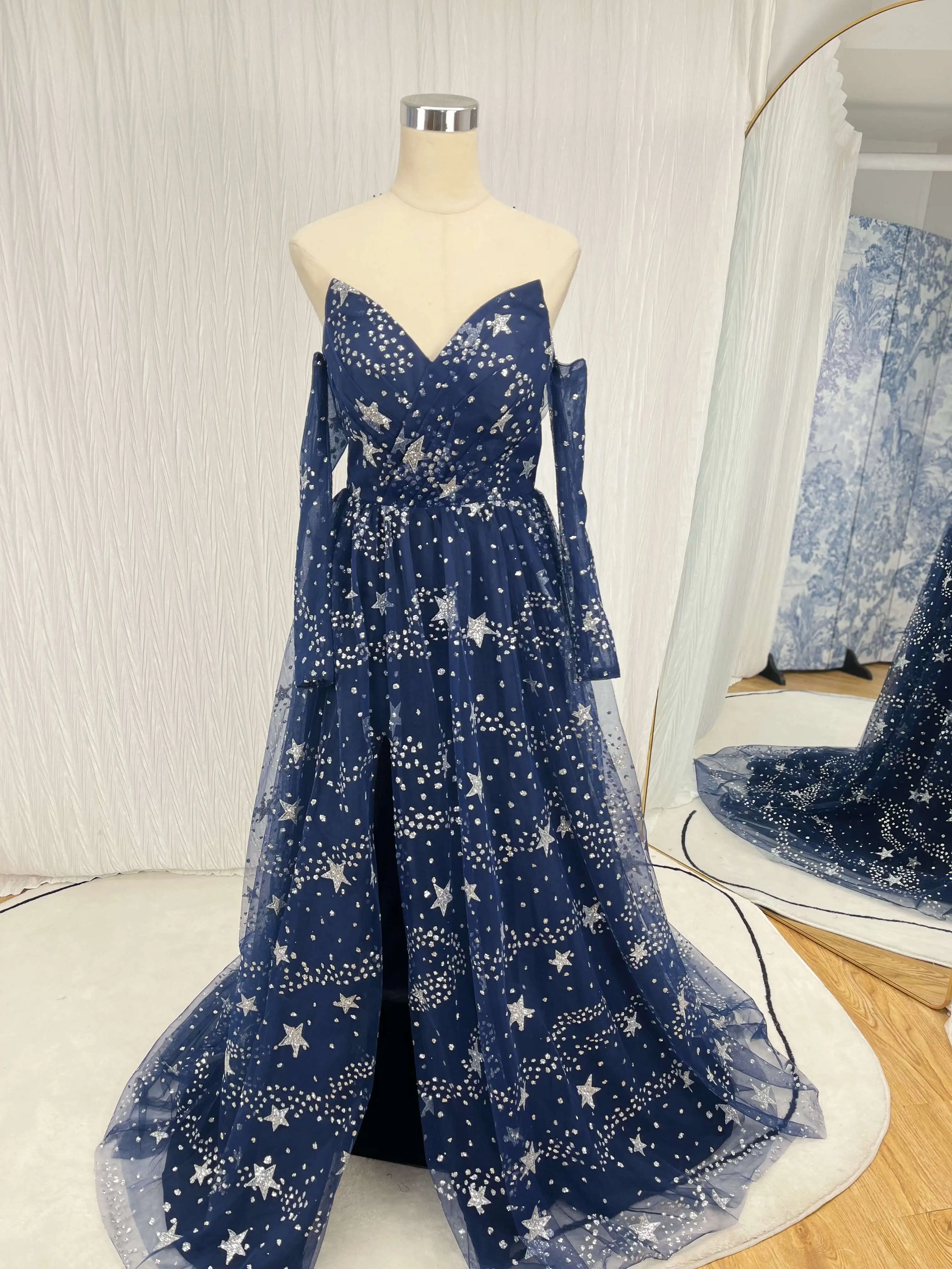 Ball Gown Blue Skirt With Stars Glitter Navy Blue Starry Tulle Prom Dresses  V-Neck Customized