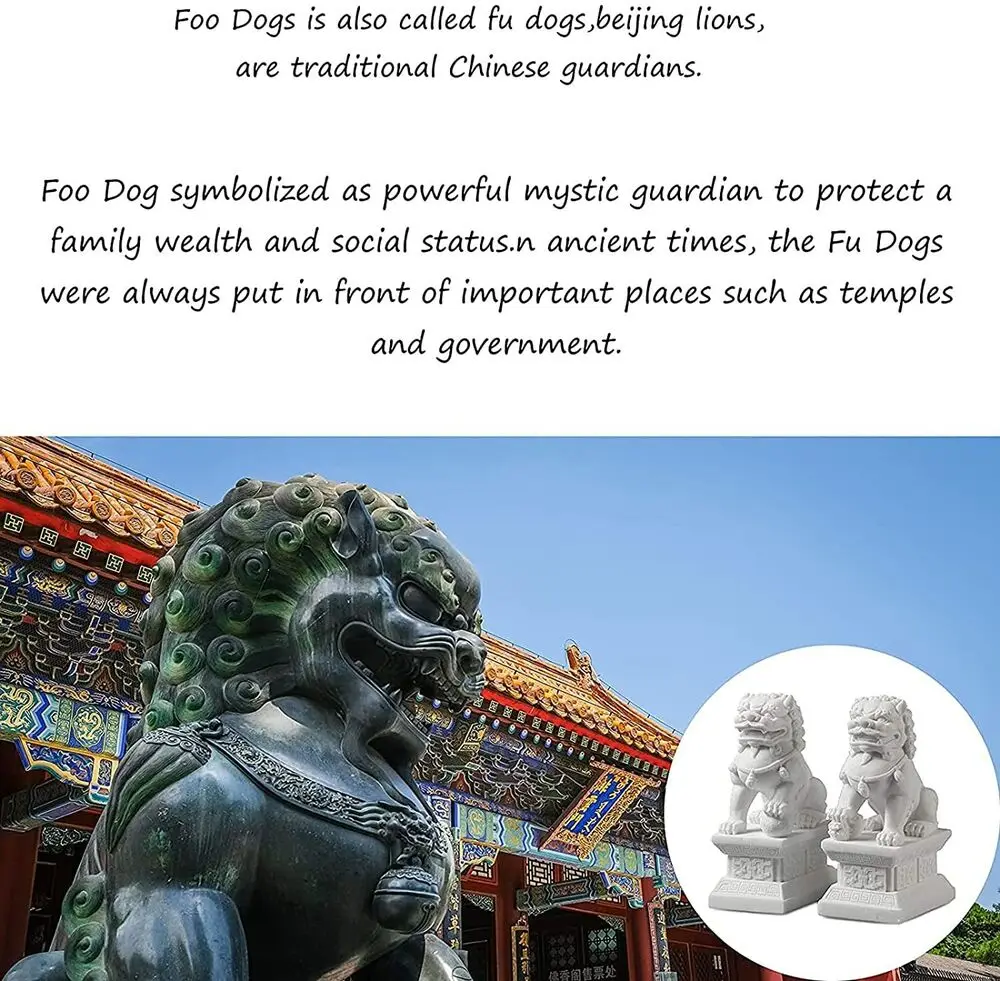 Pair of Peking Fu Foo Dogs Statues White Marble Jade Feng Shui Decor 11Cm/4.3In 3