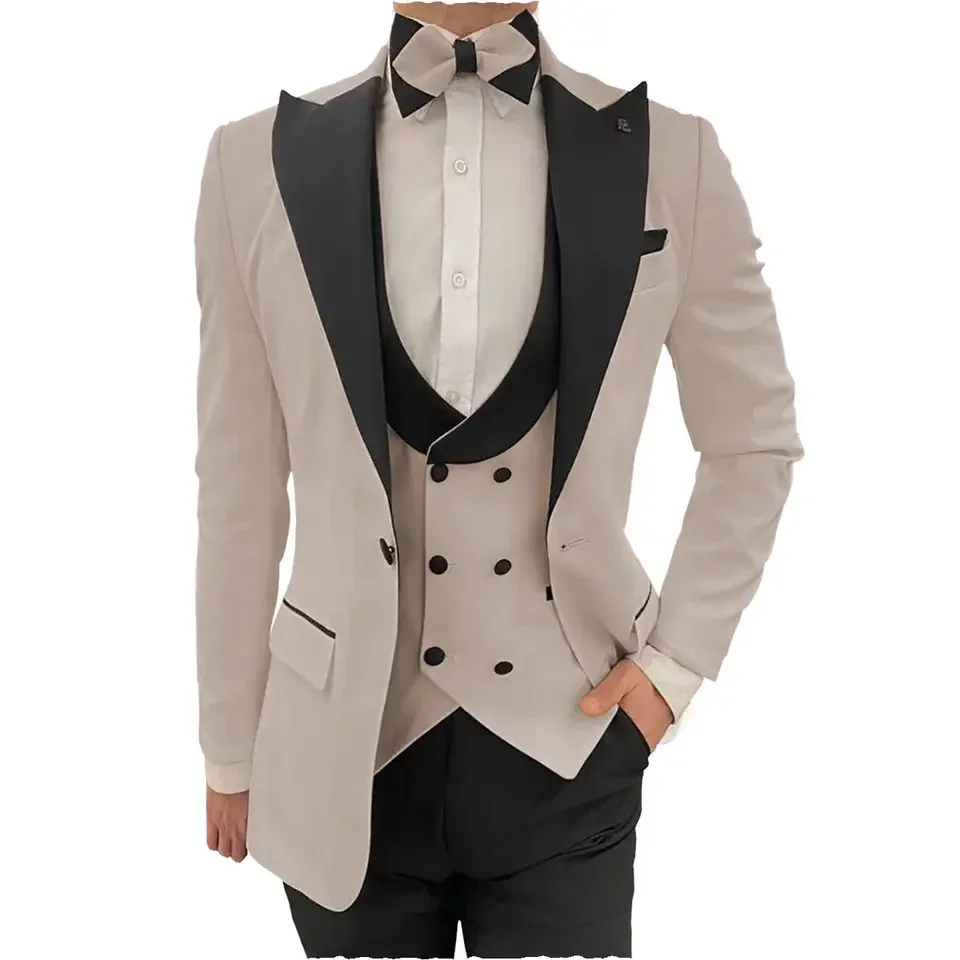 Classic Design Men Tuxedo Suits 3 Pieces Set Slim Fit Peaked Lapel Double Breasted Wedding Blazer+Vest+Pants Prom Suits Wear