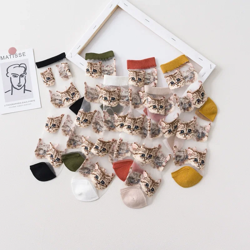 Women Transparent Cute Cat Socks Kawaii Ladies Japanese Fashion Korean Trendy Summer Thin Crystal Silk Sock Glass Fiber Stocking