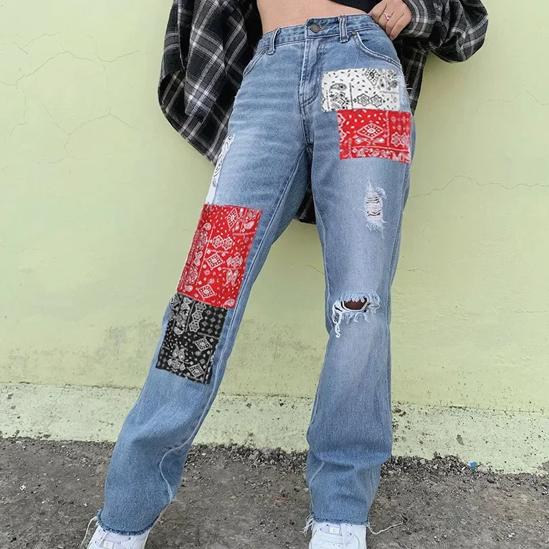 2023 New Fashion Streetwear Bandana Patchwork Denim Pants Hole Ripped Jeans Women Fashion High Waist Jeans Straight Trousers цена и фото