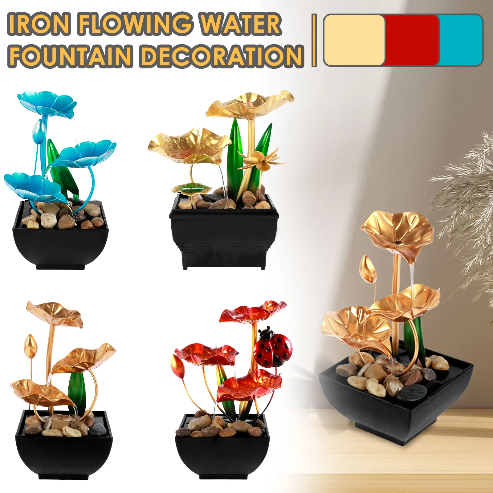 

Tabletop Fountain USB Powered Small Lotus Waterfall with Rocks Relaxation Creative Fountains Desktop Waterfall Decoration Mini