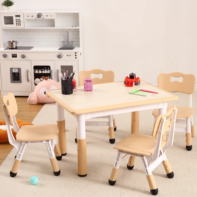 19698-d95364.jpg Kids Table and Chairs Set, Height Adjustable Desk With 4 Seats Max 300lbs, Children Multi-Activity Table for Classrooms,Daycares