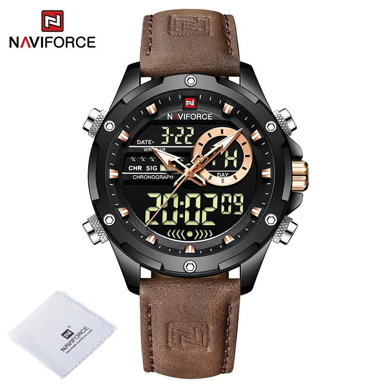 Luxury Brand NAVIFORCE Men's Military Watch Waterproof Digital Display Clock Quartz Sport Male Wrist Watch Genuine Leather Strap 