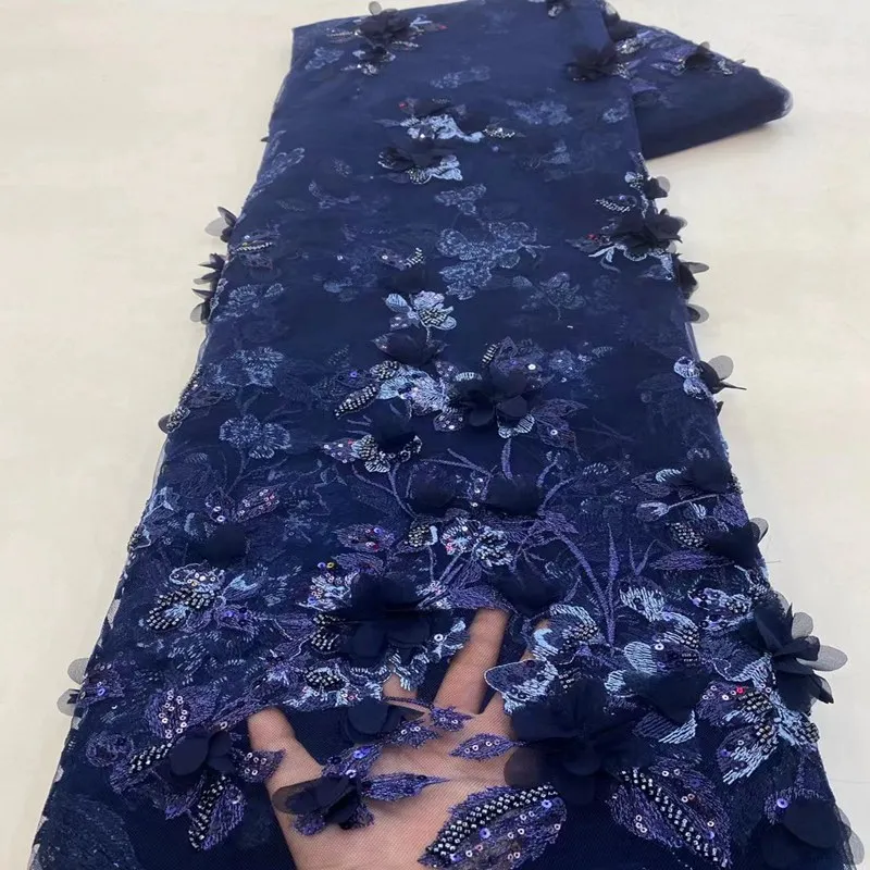 

High Quality Nigerian French Mesh 3d Tulle Lace Beads Fabrics With Sequins TS2597