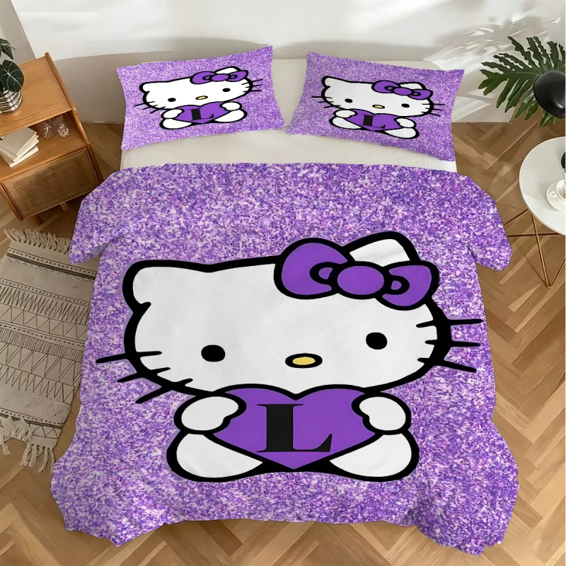 Hello Kitty Bedding Set 3PcsPink Swirl Print Duvet Cover with PillowcaseAnime Cartoon Bed Linen for Girls Kids Bedroom Decor 2