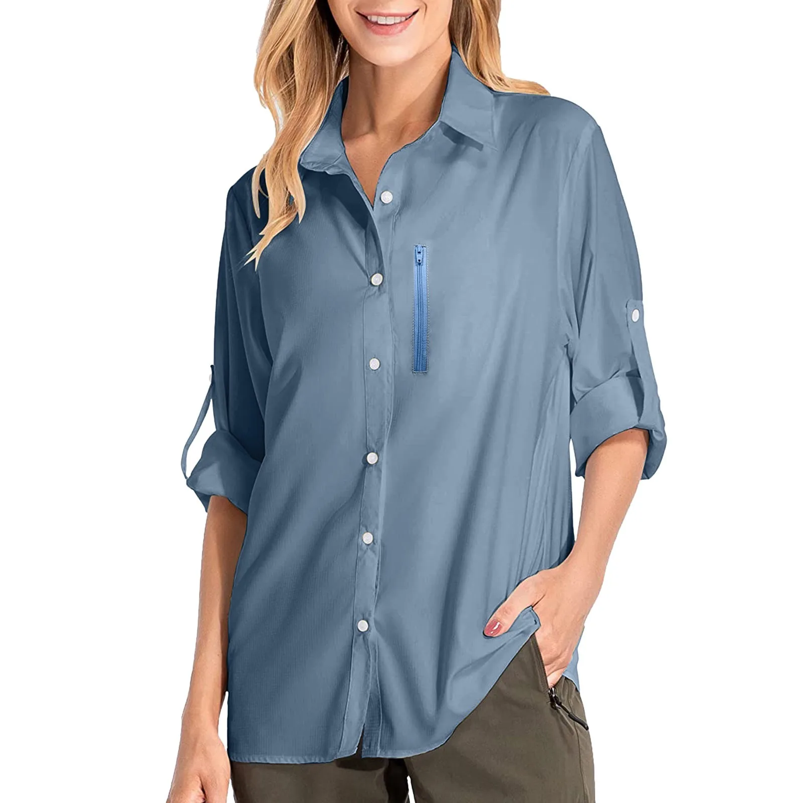 Womens UPF 50+ Sun Shirts Long Sleeve Outdoor Cool Quick Dry Fishing Hiking Shirt Turn-down Collar Button Blouses
