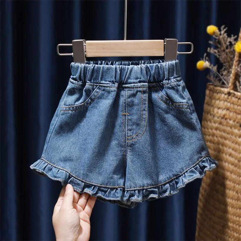 

Girls' Denim Shorts Korean Summer Kids Clothes Girls Elastic Waist Double Pockets Patchwork Bow Ruffles Slim Versatile Hot Pants