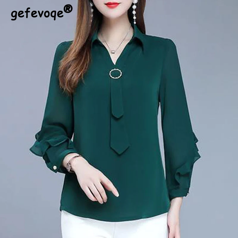 Women Ruffles Bow Tie Elegant Blouse Spring Autumn Fashion Business Casual Office Lady Shirts Long Sleeve Solid Slim Tops Blusas