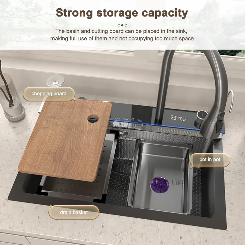 Stainless Steel Waterfall Sink Kitchen Large Single Slot Integrated Digital Display Faucet Set Embossed Wash Basin 2