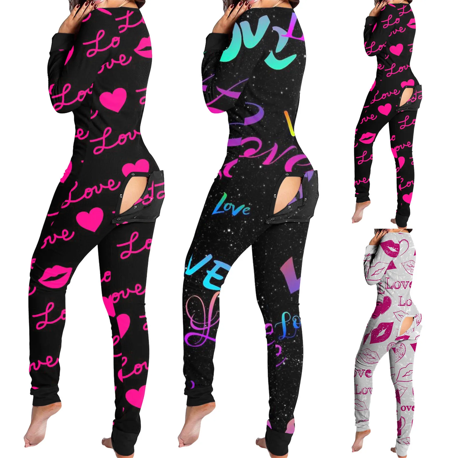 Women Bodysuit Sleep Wear Set Love Letter Print Onesies With Butt Flap For Adults Valentine Sexy Sleepwear Romper Women's Jumpsuit Open Butt Pajamas Nightwear