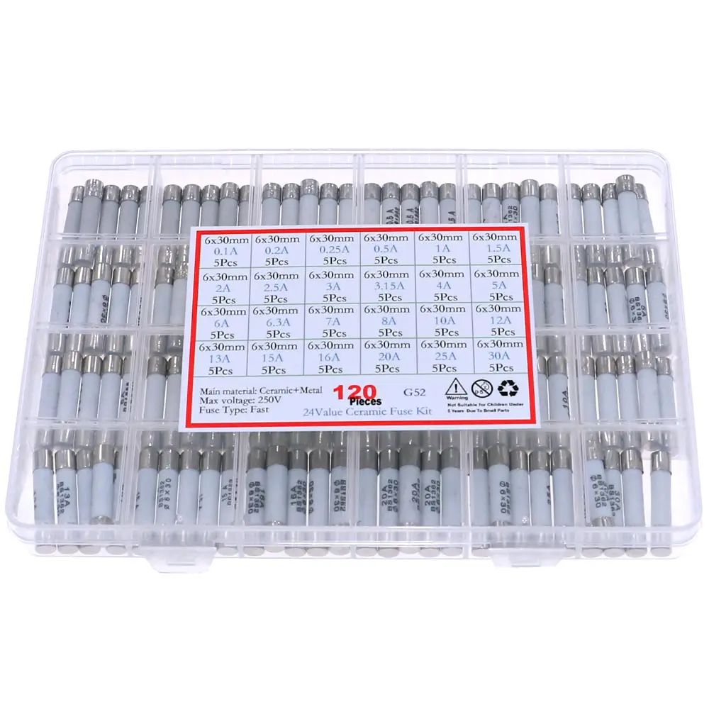 고속 블로우 세라믹 퓨즈 믹스 키트, 24 값, 6x30mm, 250V, 0.1A, 0.2A, 0.5A, 1A, 1.5A, 2A, 3A, 3.15A, 4A, 5A, 6A, 7A, 8A, 10A, 15A, 16A, 20A, 30A, 120 개 