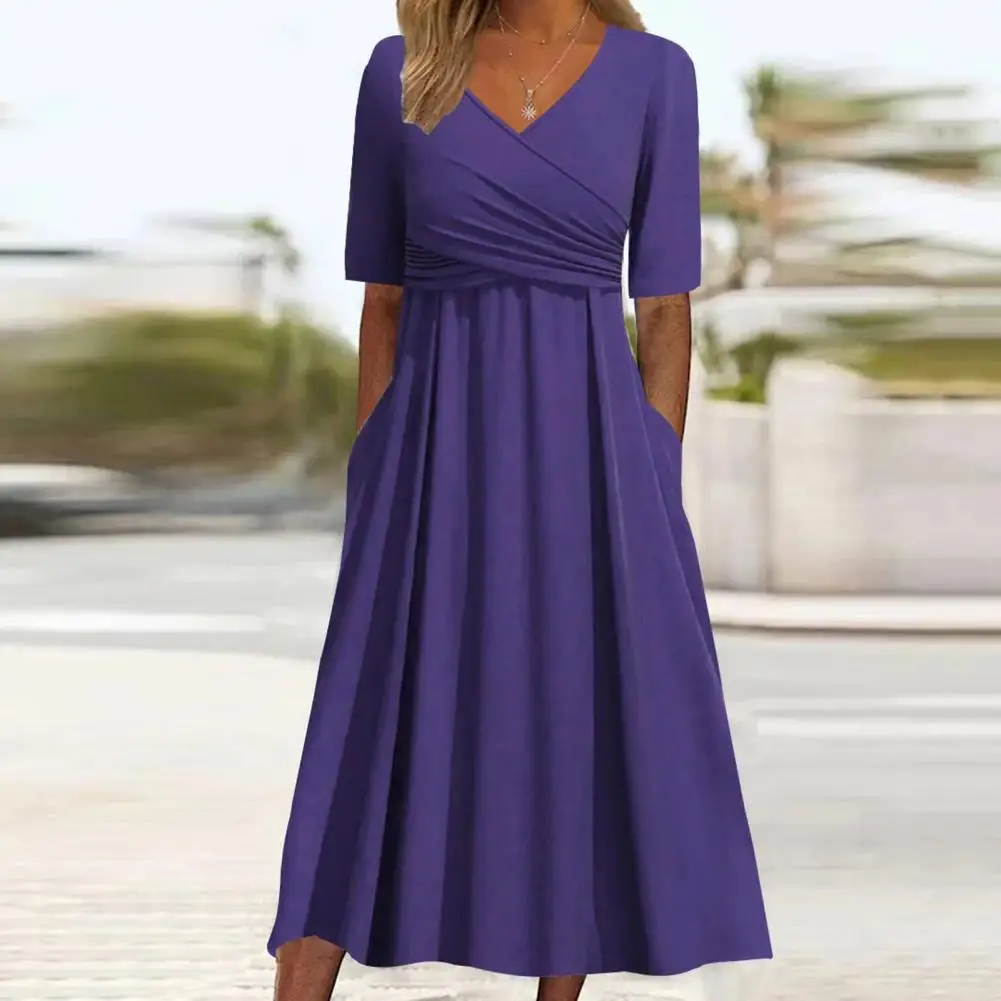 

Vacation Dress Elegant V-neck Pleated Midi Dress for Women Summer A-line Swing Style Pure Color Office Lady Ol Commute Fashion