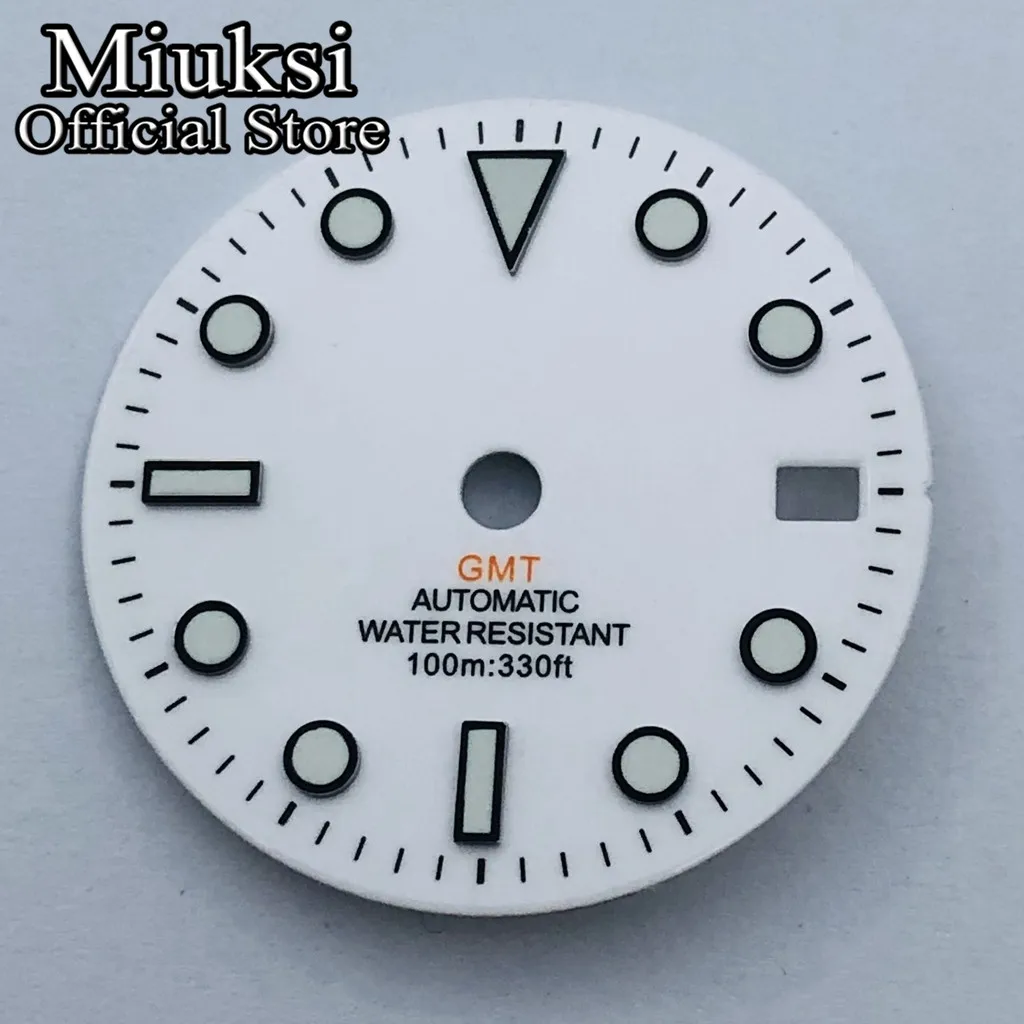 Miuksi 28.5mm white GMT watch dial blue green luminous fit NH34 NH35 movement
