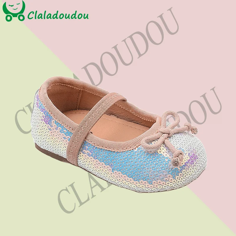 

2023 Fashion Sequined Leather Dress Shoes For Toddler Girls Performance Pink Gold Bling Flats Shoes For 0-3Years Kids Princess