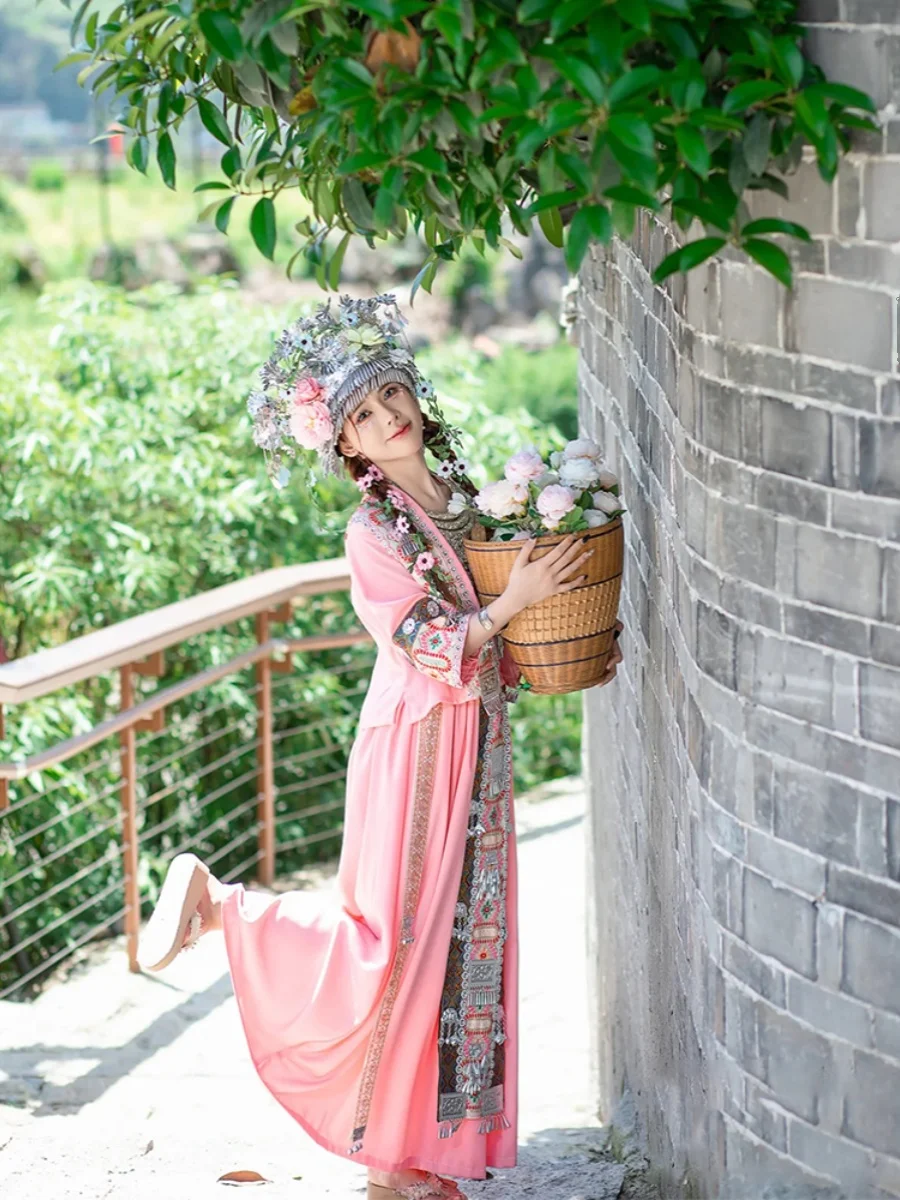 Chinese Traditional Pink Girl Miao Minority Costume Dance Yunnan Guizhou Hmong Village Travel Photography