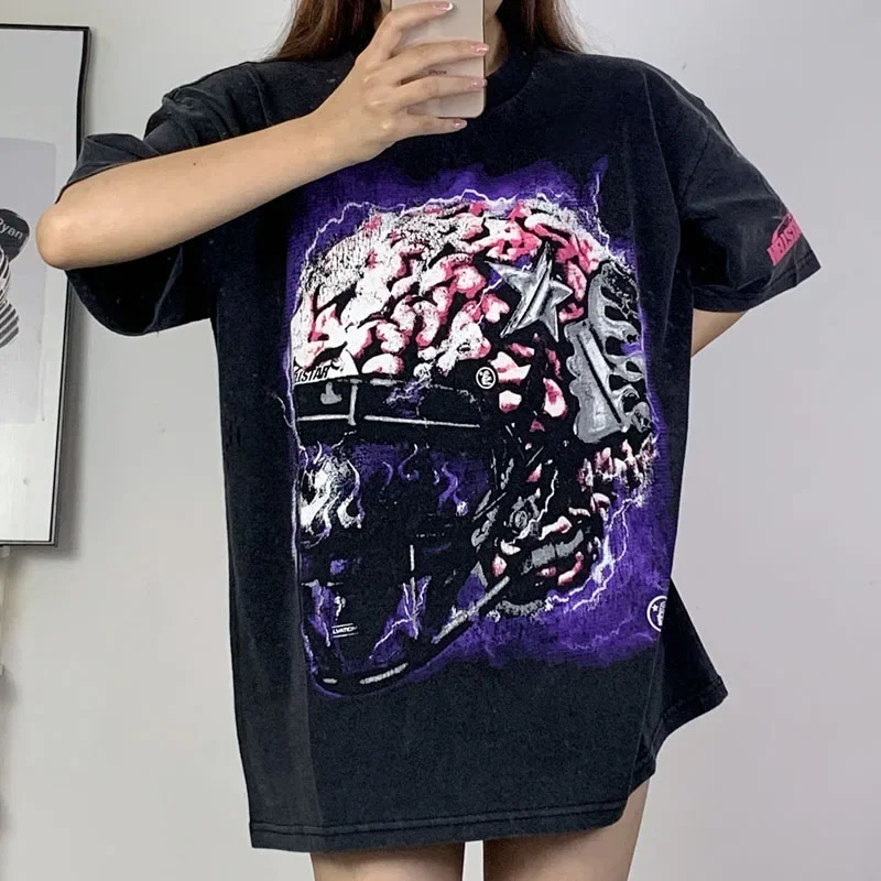 

Y2K Hellstar Vintage Wash T-shirt Perspective Head Print Round Neck Large Couple Top Short Sleeve
