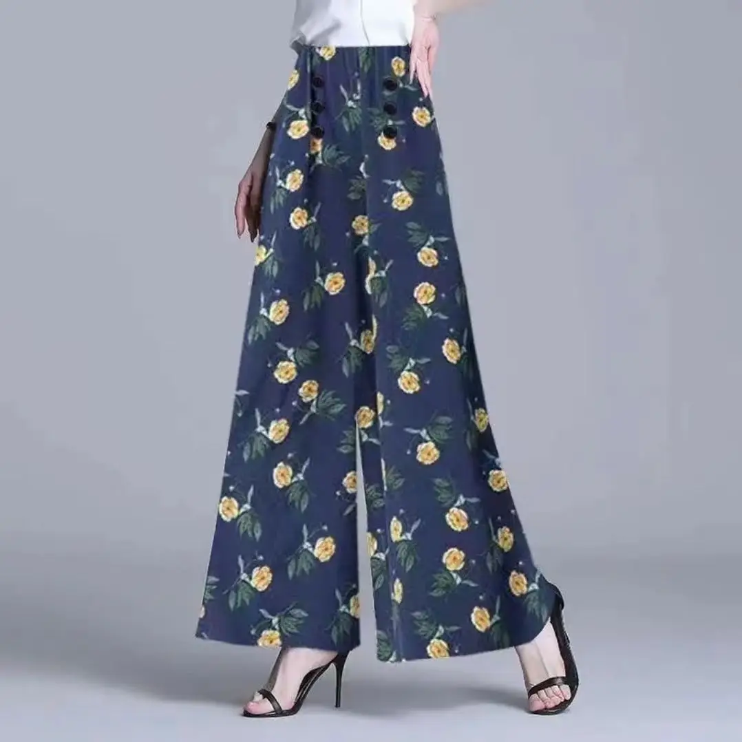 

2023 New Casual Floral Wide Leg Pants Women's Clothes Middle age Spring Summer Elastic High Waist Slim Pants Female Trousers 545