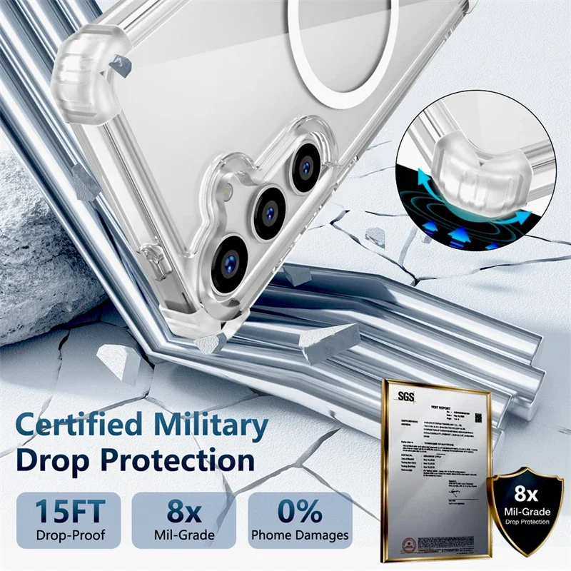 Shockproof Armor Transparent Case For Samsung Galaxy S25 S24 S23 S22 S21 Note 20 Ultra Plus S23FE S24FE For Magsafe Charge Cover 3