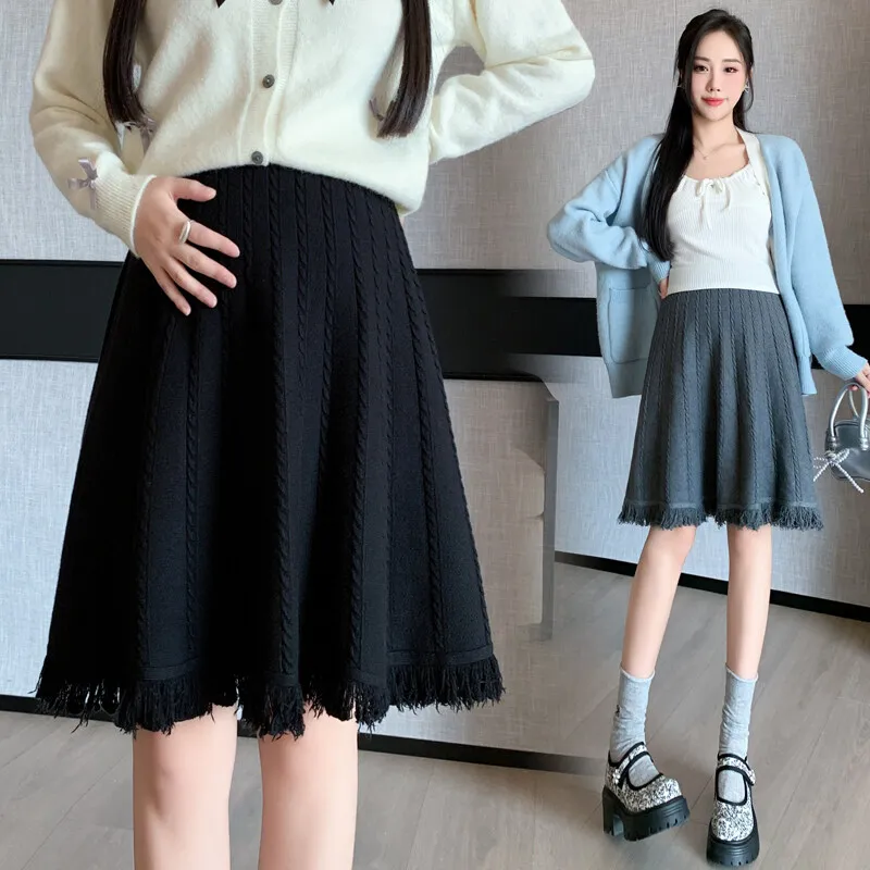 Y71810# Pregnancy Skirt Skirts Women High Waist Tassel Slim Clothes Knitted Maternity Skirt