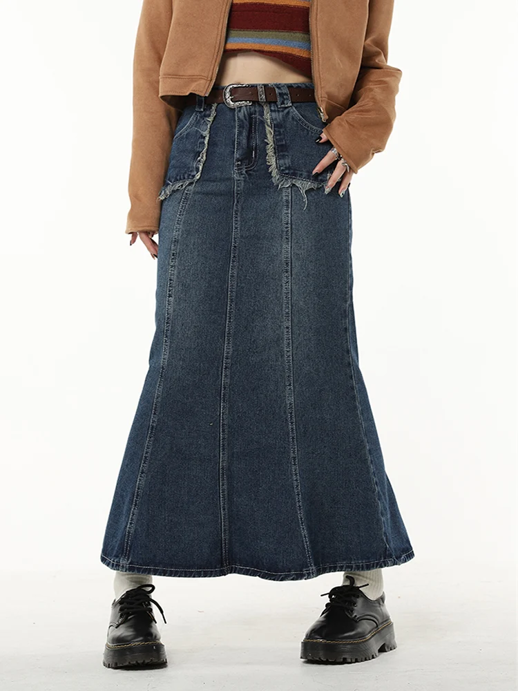 

2022 Fashion Women's Long Denim Skirts Korean Vintage Mermaid High Waist Solid Color Slim Tight Fishtail Office Lady Jean Skirt