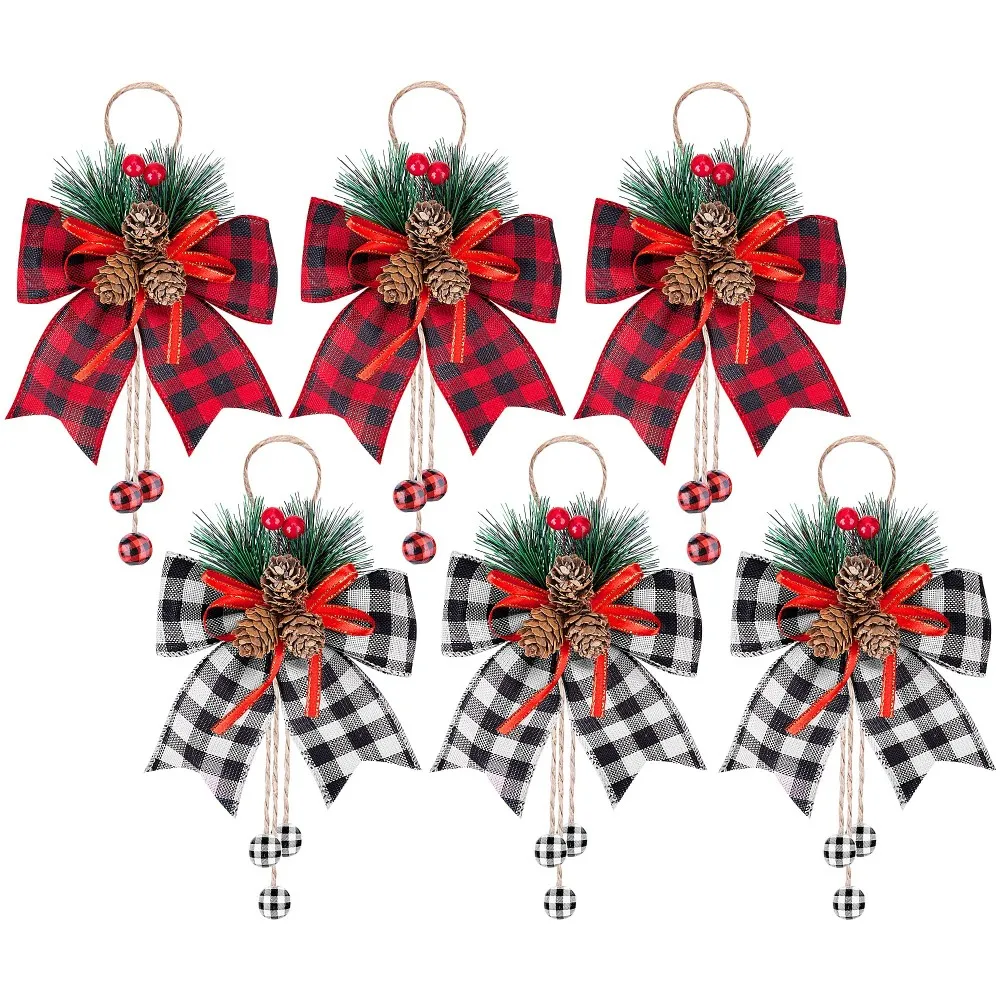 ChristmasRibbonBowPineConesTreeDecorationLargeRedBlackPlaid