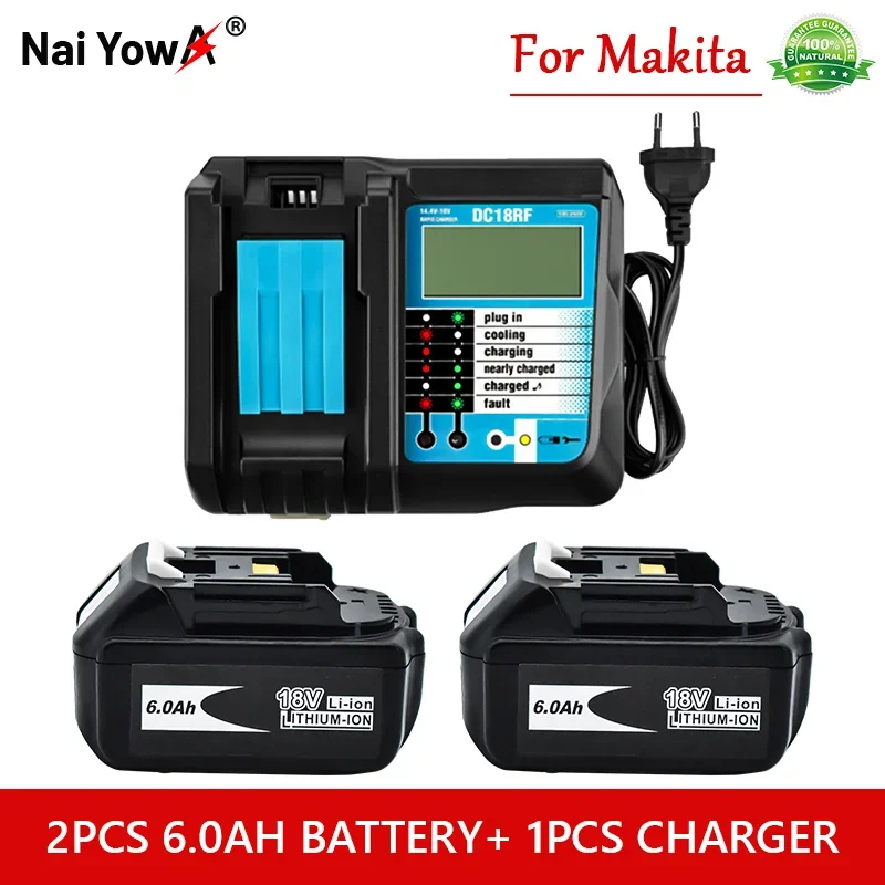 

18V 6Ah Rechargeable Battery 6000mah Li-Ion Battery Replacement Power Battery for MAKITA BL1880 BL1860 BL1830battery+4A Charger