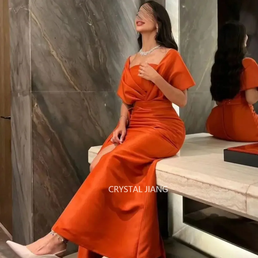 

Classy Long Orange Square Collar Satin Evening Dresses Short Sleeves with Slit Mermaid Ankle Length вечернее платье