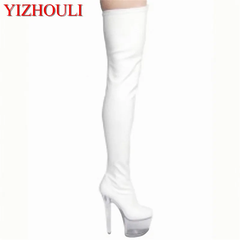 17cm sexy transparent sole boots, model stage walking shoes, stylish elegance and over-the-knee boots