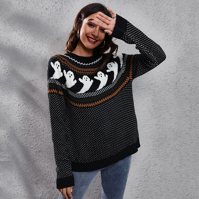 

Halloween Ghost Vintage Sweater for Women Polka Dot Long Sleeve Knitted Pullover Autumn Sweater Woman Pullover Sweater Knitwear