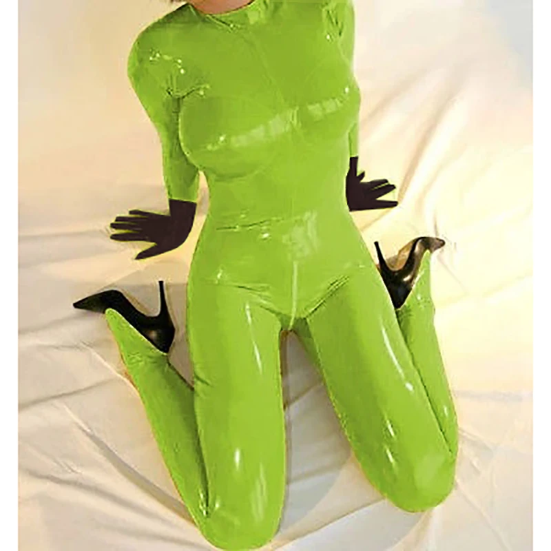

Sexy Men Women Overall Natural Latex Catsuit Apple Green Jumpsuit with Socks Rubber Bodysuit with 3D Chest Handmade S-LC165