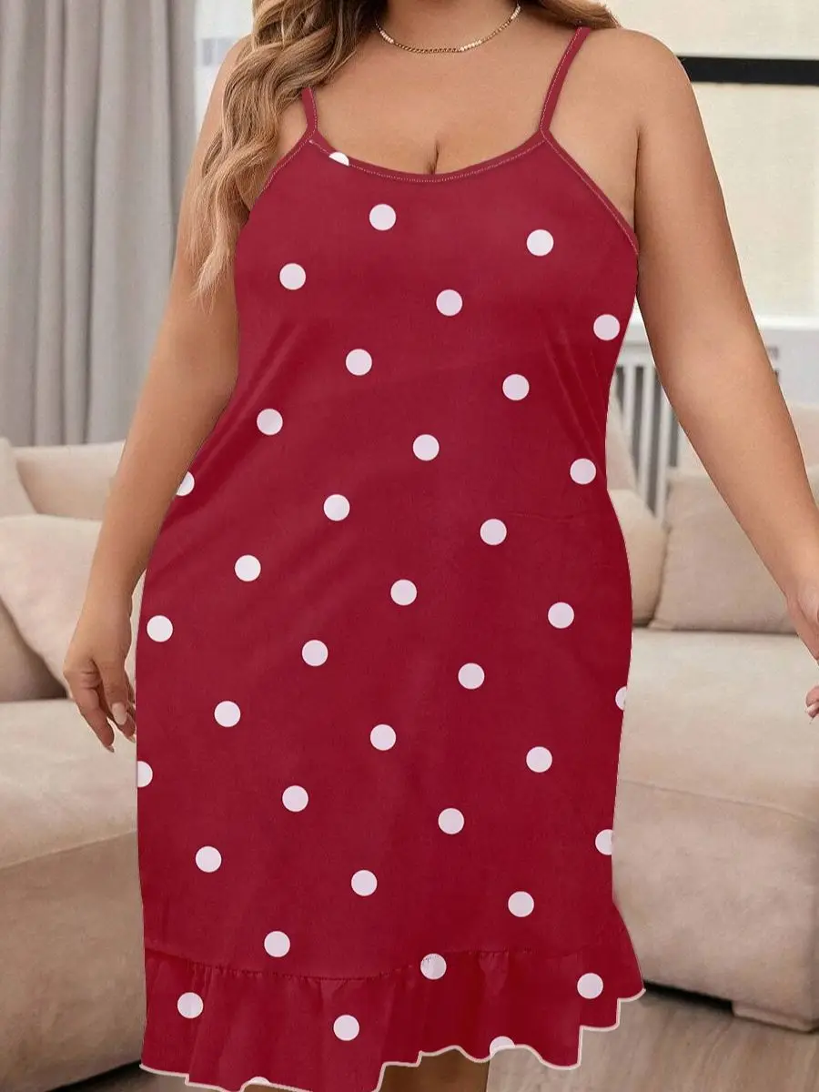 Summer sexy polka dot print red suspender oversized women's pajama dress, home dress