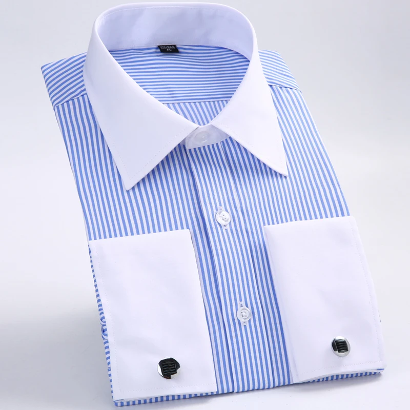 

Mens Classic French Cuff Striped Dress Shirt with Chest Pocket Standard-fit Long Sleeve Party Wedding Shirts (Cufflink Included)