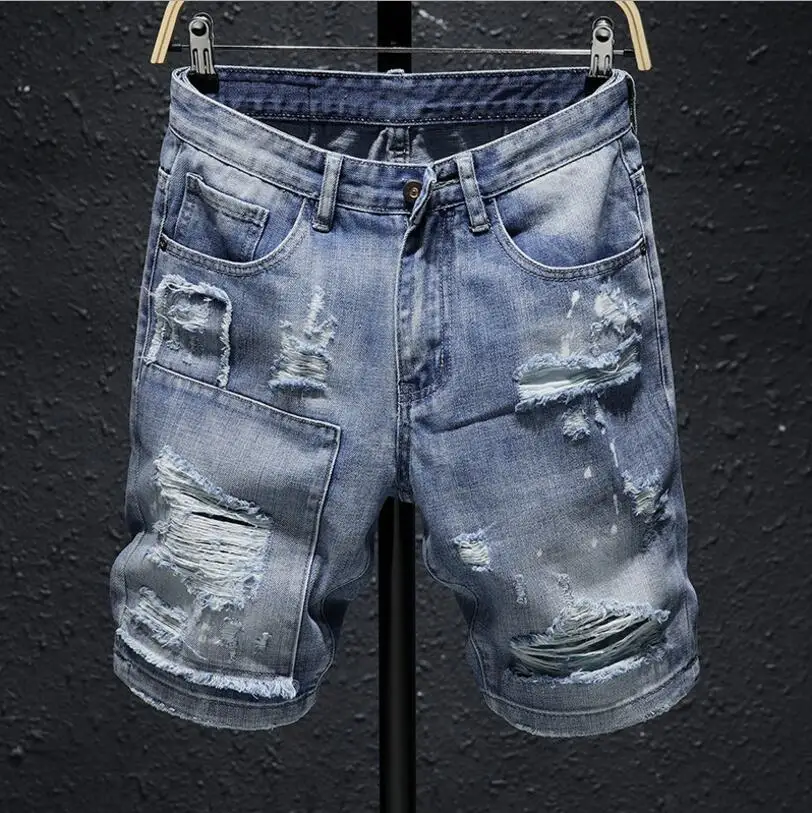 Men Blue Denim Shorts Summer Holes Short Jeans High Quality Men Cotton ...