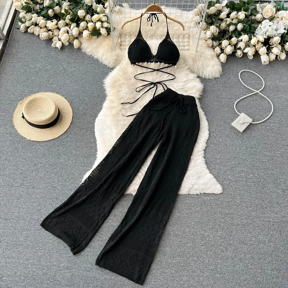 Women Beach Pant and Top Suit Summer Fashion European Style Hollow Knitted Breathable Backless Short Tops+ Wide Leg Pants Hawaii