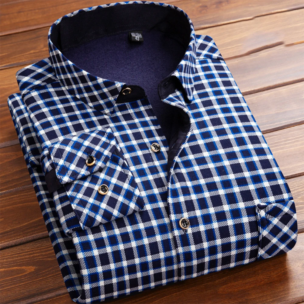 

Winter Men's Plaid Flannel Shirts Casual Jacket Cotton Padded Fleece Lined Button-Down Coat Shirt And Blouses Tops Men Clothing