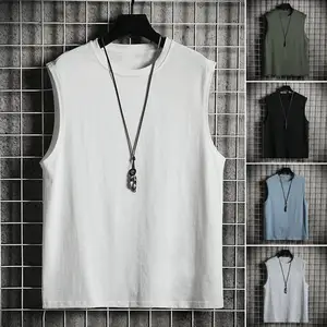 Men Summer T-shirt Solid Color Loose Sleeveless Round Neck Pullover Simple Style Mid Length Men Tank Top Fashion Male Clothing