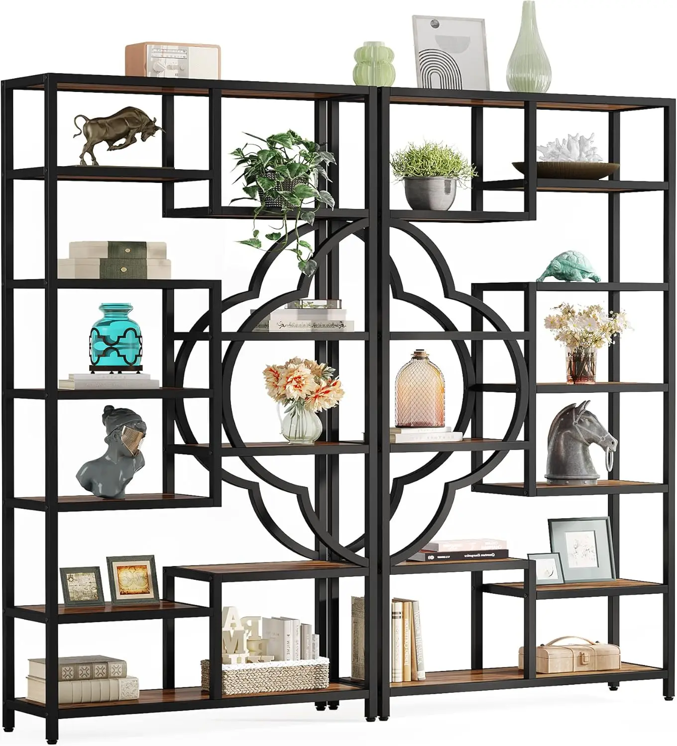 Set of 2 Large Bookcase with Unique Four Leaf Clover Shape Design Industrial Display Shelves for Home Office