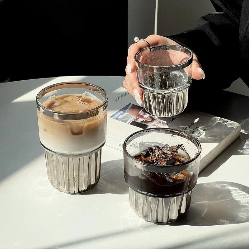 American Coffee Glass Cups Creative Vertical Pattern Water Cup Silver Milk Glasses Cold Brew Coffee Juice Cups Drinkware Tools