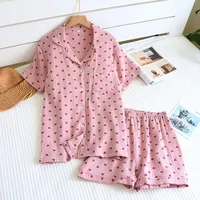 New summer women's pajamas short-sleeved shorts two-piece set 100% cotton crepe loungewear cute love breathable large size suit - Image 3