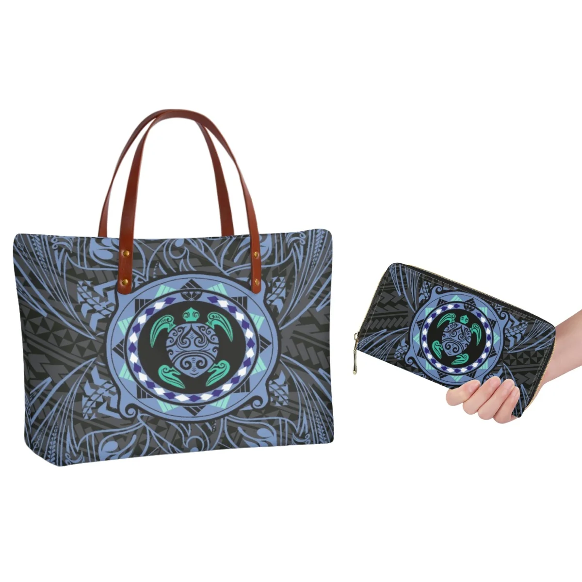 Forudesigns Tribal Sea Turtle Wallet Handbag Polynesian Tattoo Tote Combination Set Bag Spazio Extra Large Per Una Facile Sistemazione