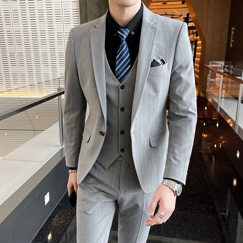 Winter Stripes Three-piece High-Grade Groom Wedding Suit Vest And Trousers Business Fashion Handsome Casual Wedding Outfit formal suit