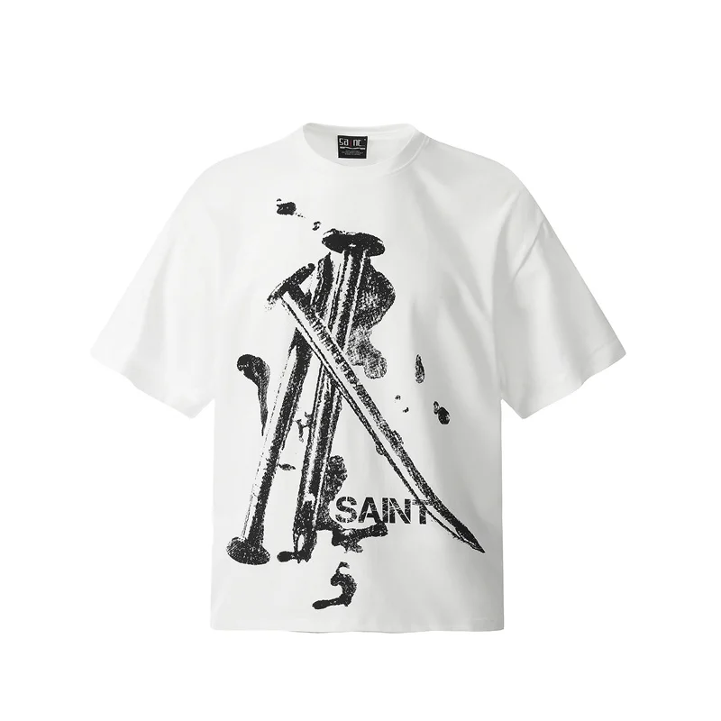 

2024ss Sain White T-Shirt Men Women Oversized Vintage Short Sleeve 3D Steel Studded Straight Print Casual T Shirt Tees