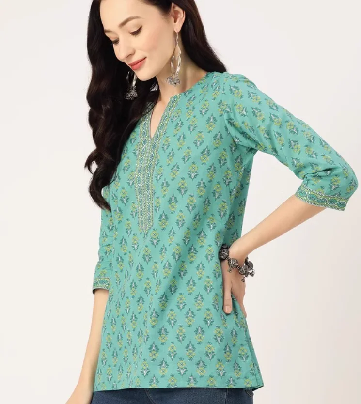 Indian women's Pure Cotton Printed Short Seven Quarter Sleeve V-neck Kuta